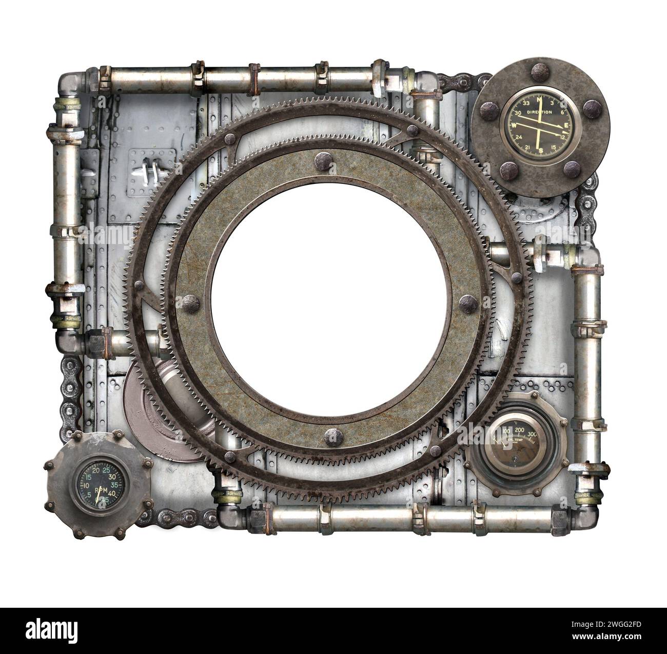Metallic frame with vintage metal details, pipelines, gear, retro ...