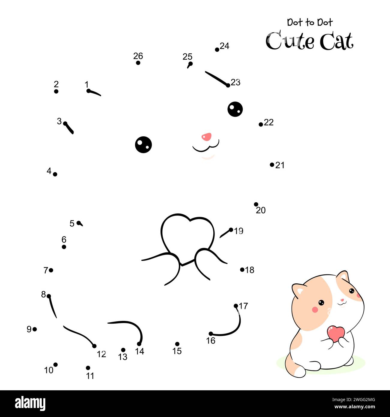 Connect The Dots and Draw Cute Cat. Dot to dot puzzle - cartoon little kitty with heart. Educational Game for Kids. Drawing for Preschool children. Ve Stock Photo
