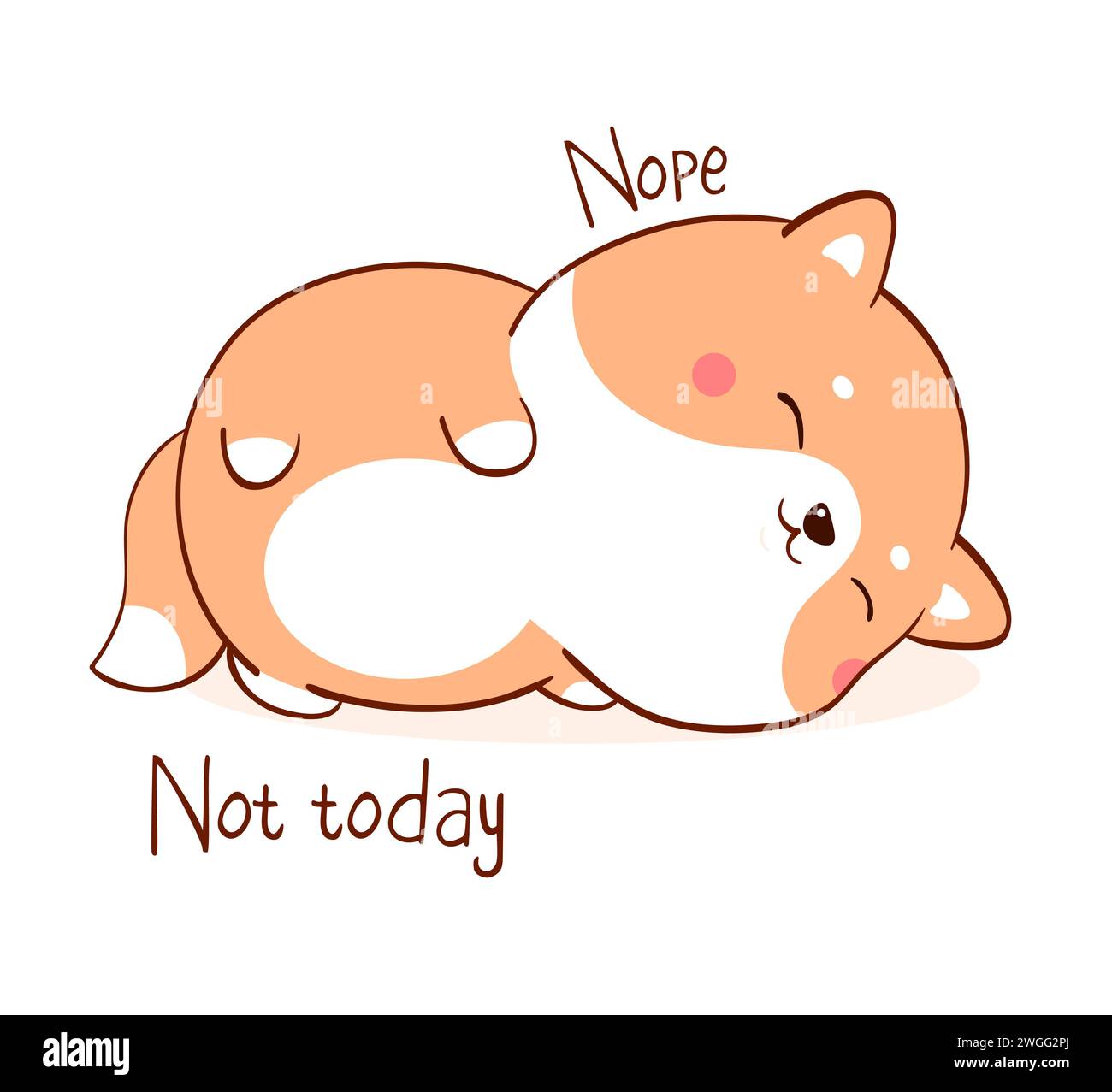 Square card with a lying lazy dog and inscription Nope Not today. Funny sleeping fat shiba inu puppy in kawaii style. Vector illustration EPS8 Stock Photo
