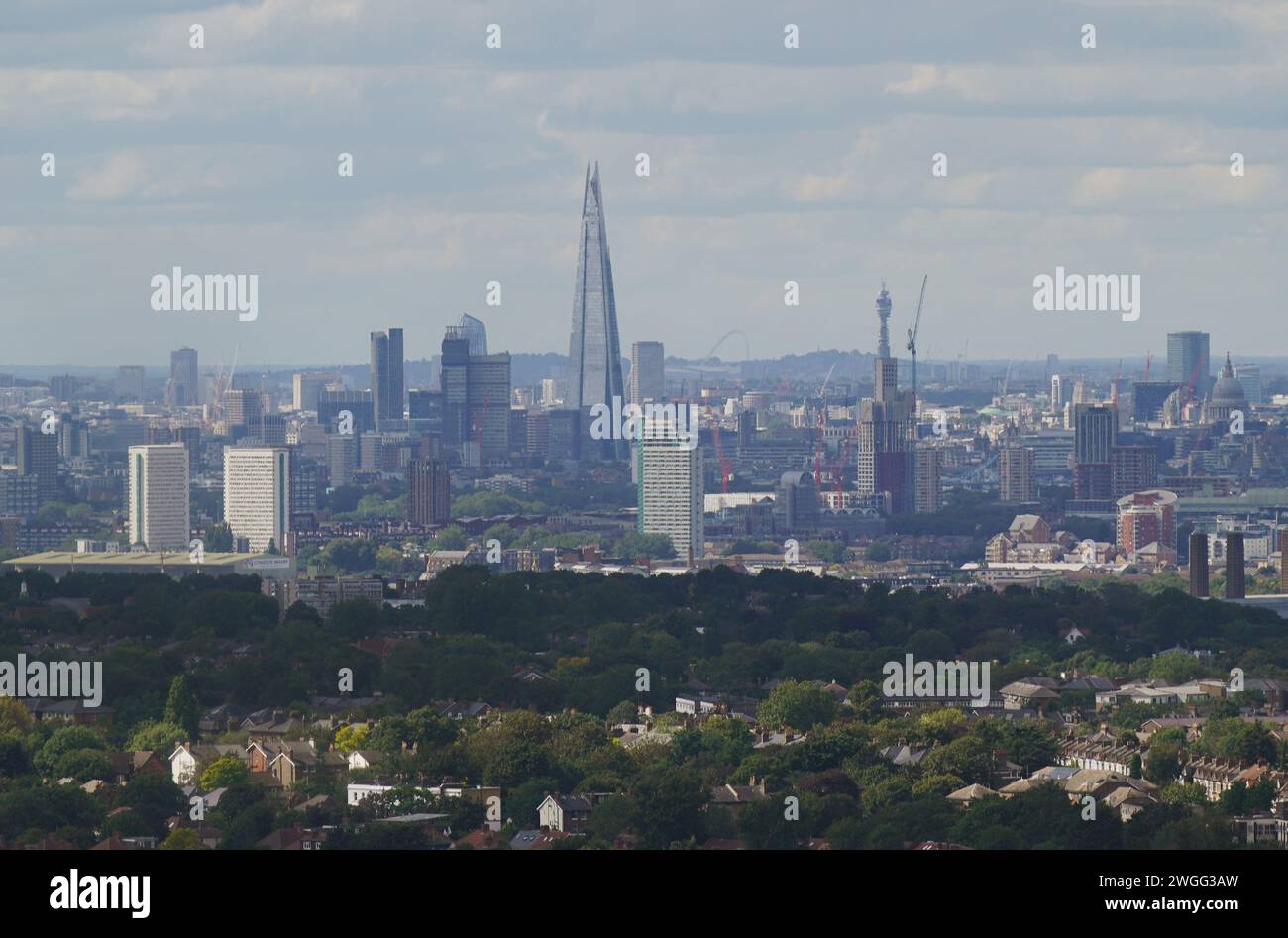 File photo dated 20/08/23 of a view of the City of London skyline, including The Shard and the BT Tower, and the Wembley Arch. UK businesses are facing the second-highest level of 'deepening' financial distress in Europe due to inflation and high interest rates. The Weil European Distress Index has shown failing profitability as the main driver for business distress across the continent. UK companies are experiencing the second-highest levels of financial distress in Europe, with German firms leading the way. Issue date: Monday February 5, 2024. Stock Photo
