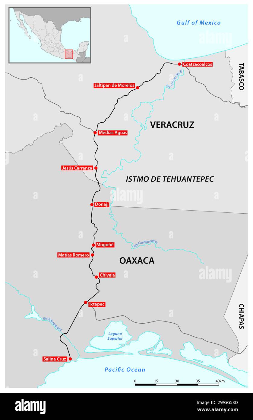 Vector map of Tehuantepec Railway, Mexico Stock Photo