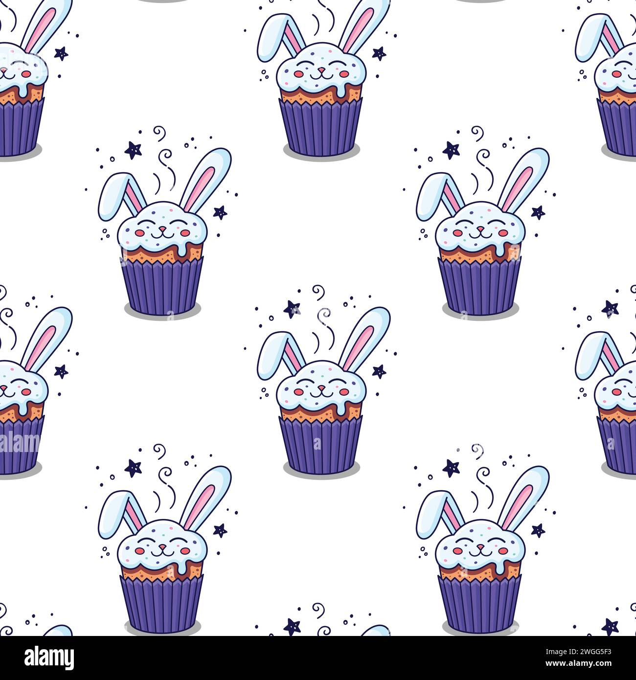 Easter cake - rabbit, hare, bunny in cartoon style. Hand drawn seamless pattern with Easter hare character. Flat design. Doodle style. Illustration isolated on white background. Stock Vector