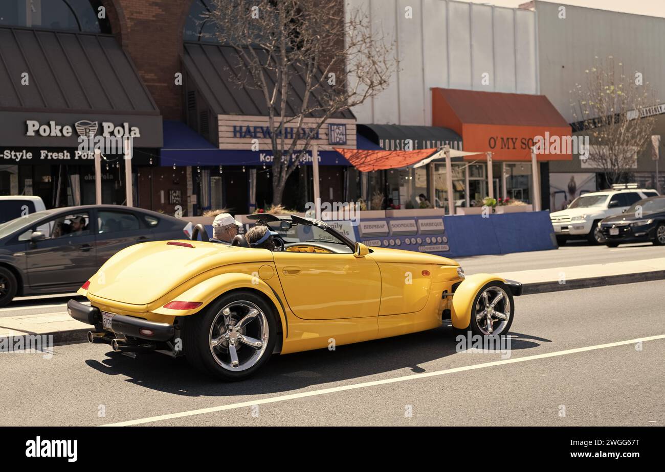 Long Beach, California USA - March 31, 2021: classic automobile of yellow Chrysler Plymouth Prowler Stock Photo