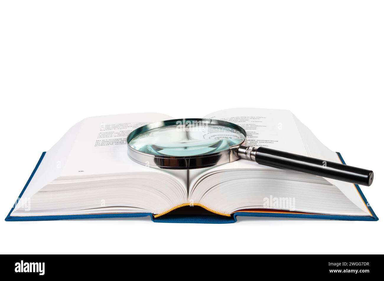 open book and magnifying glass isolated on white background Stock Photo ...