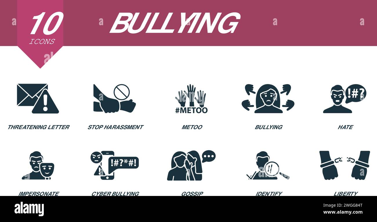Bullying icons set. Creative icons: threatening letter, stop harassment, metoo, bullying, hate, impersonate, cyber bullying, gossip, identify, liberty Stock Vector