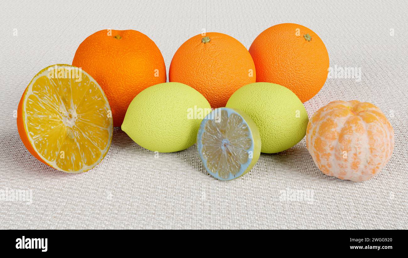 Still life of fruit. Various citrus fruits are arranged on the table