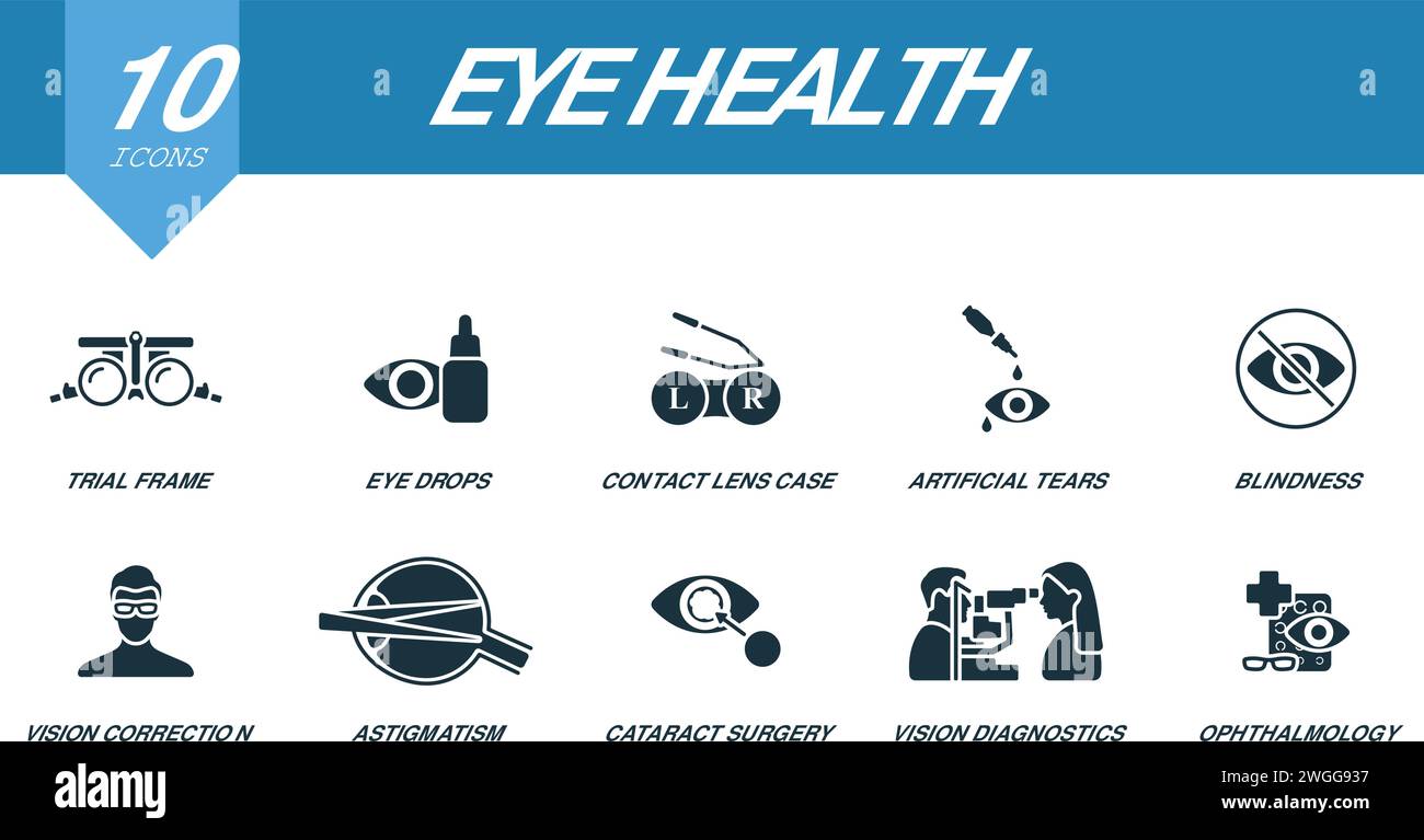 Eye health set. Creative icons trial frame, eye drops, contact lens