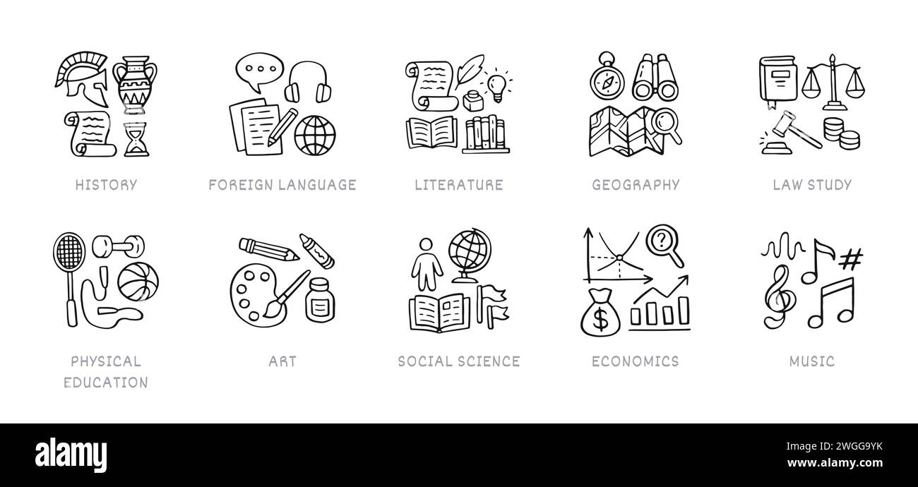 Humanitarian sciences doodle icon set. School subjects - history, language, literature, geography, physical education line hand drawn pictograms Stock Vector