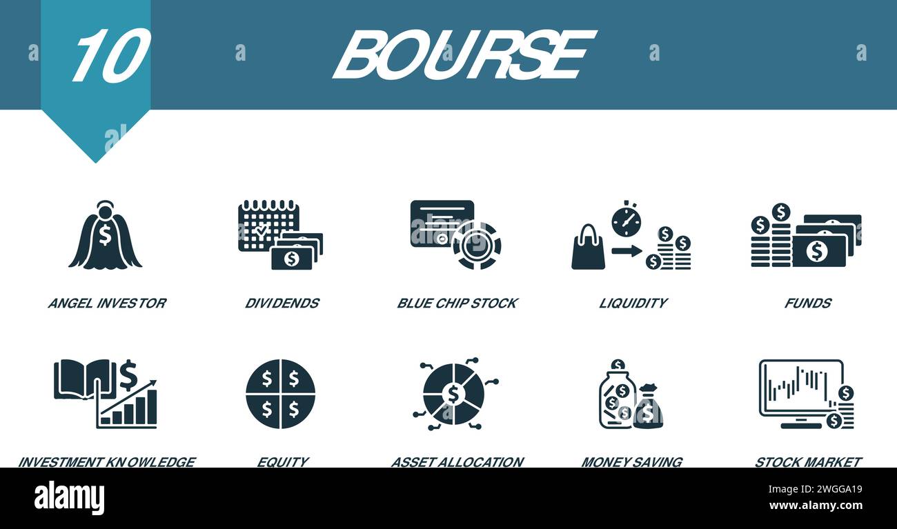 Bourse icons set. Creative icons: angel investor, dividends, blue chip stock, liquidity, funds, investment knowledge, equity, asset allocation, money Stock Vector