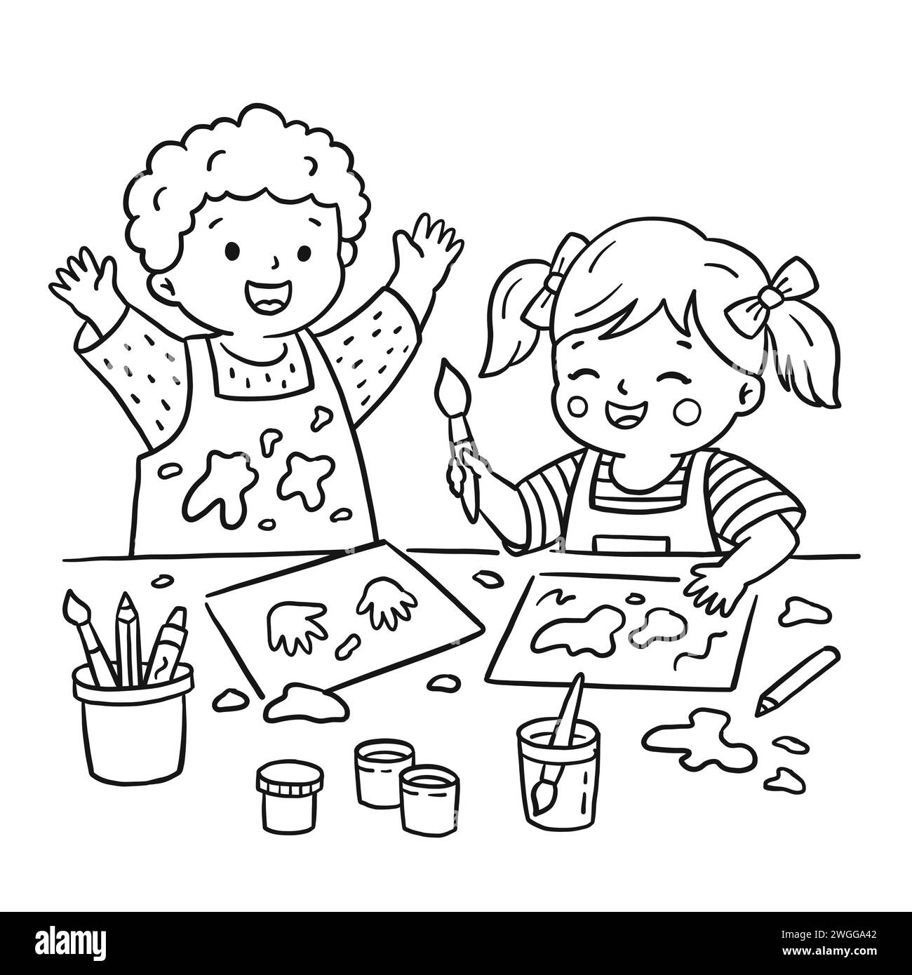 Kids drawing at kindergarten illustration in cartoon doodle style. Cute smiling toddlers boy and girl doing mess with paints. Black coloring book page Stock Vector
