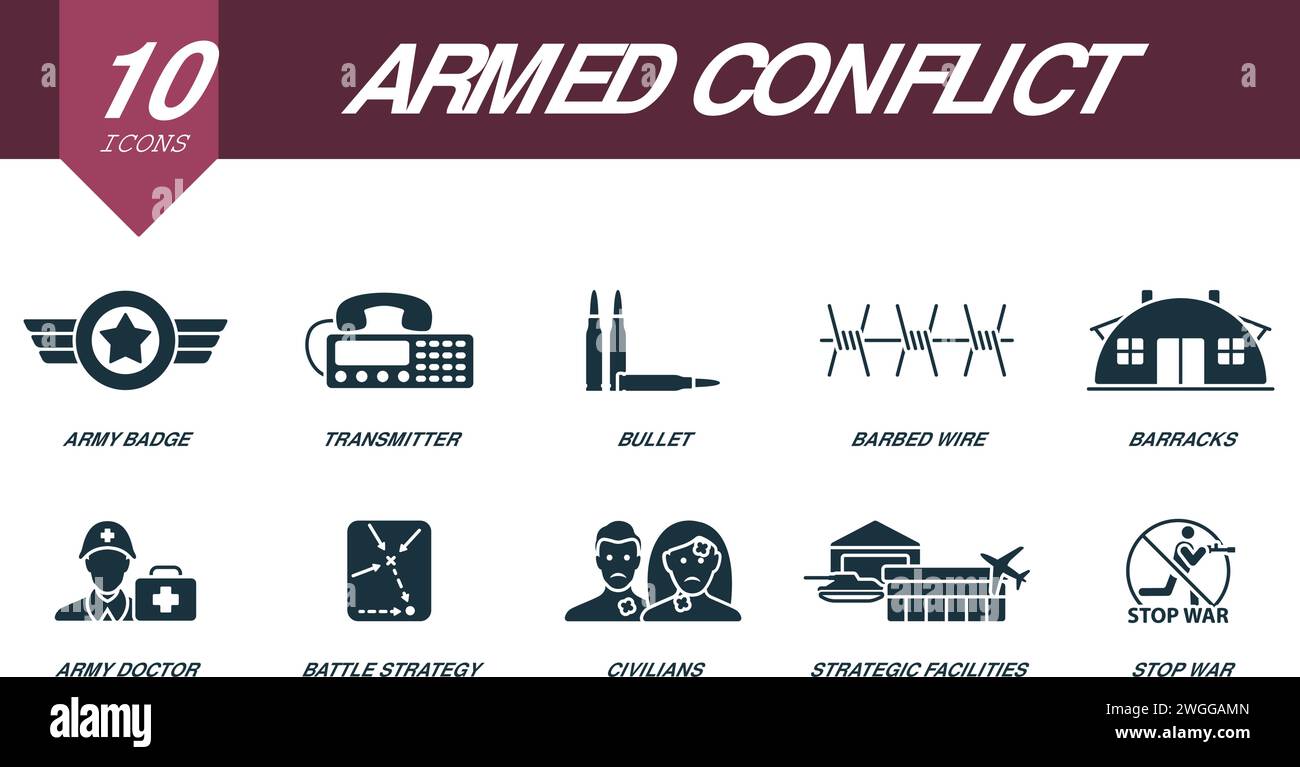 Armed conflict icon set. Creative icons: army badge, transmitter, bullet, barbed wire, barracks, army doctor, battle strategy, civilians, strategic Stock Vector