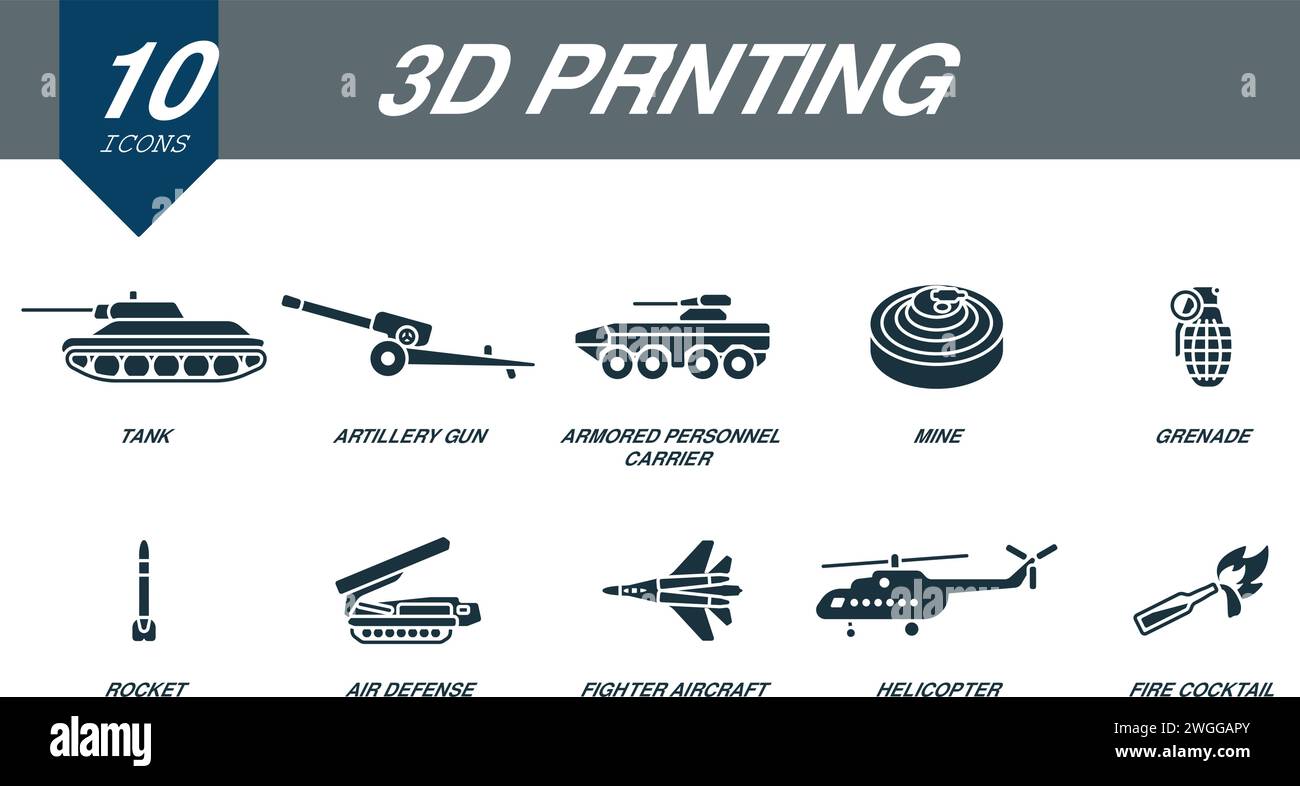 3d printing set. Creative icons: tank, artillery gun, armored personnel carrier, mine, grenade, rocket, air defence, fighter aircraft, helicopter Stock Vector