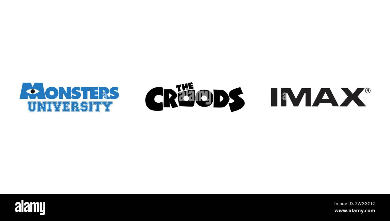 Imax, The Croods, onsters University. Vector illustration, editorial logo. Stock Vector