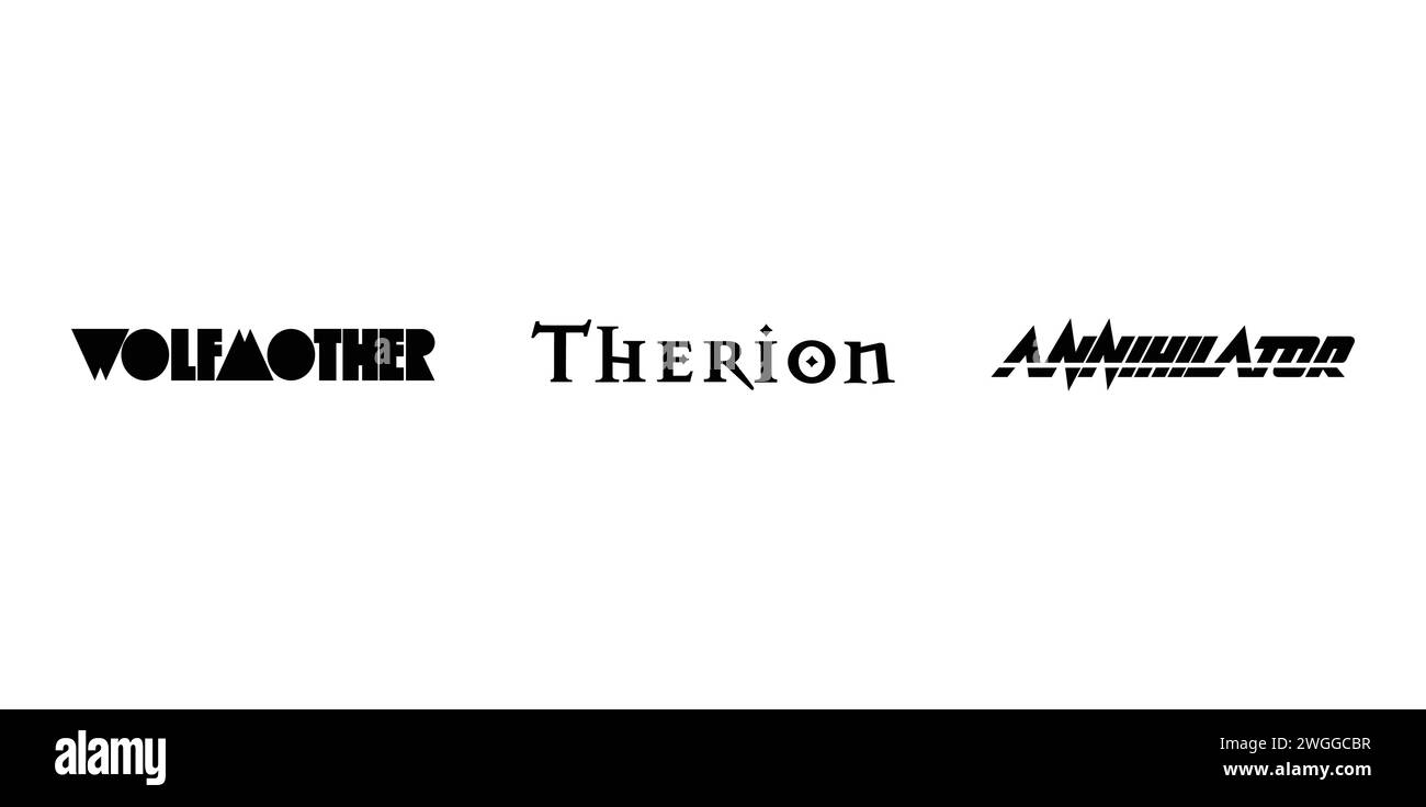 Wolfmother, Annihilator, Therion. Vector illustration, editorial logo ...