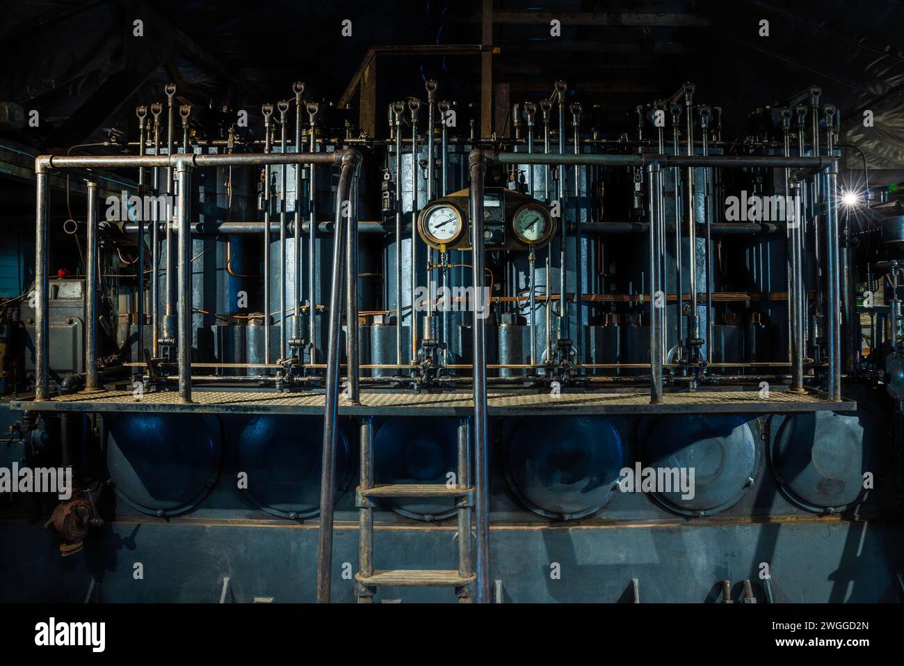 Oil rectification and distillation column at an old chemical plant Stock Photo