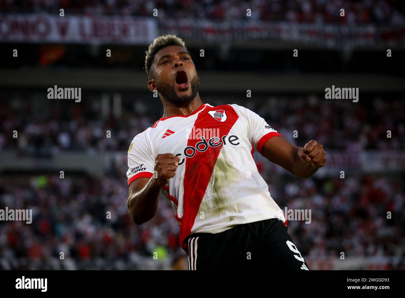 Miguel Borja of River Plate celebrates his second goal during the match