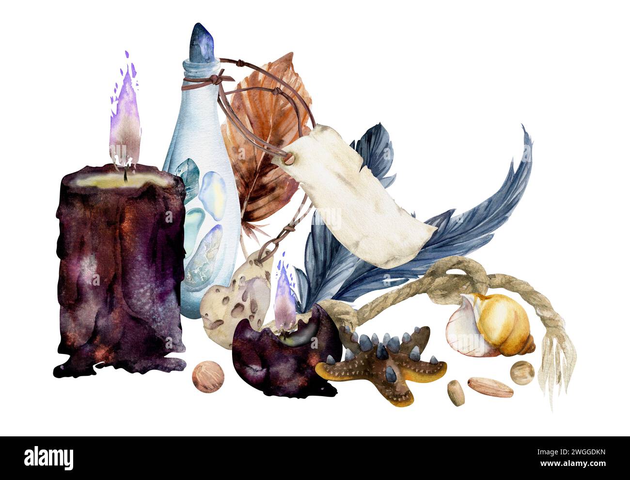 Hand drawn watercolor sea witch altar objects. Glass vial precious stones feathers knot rope