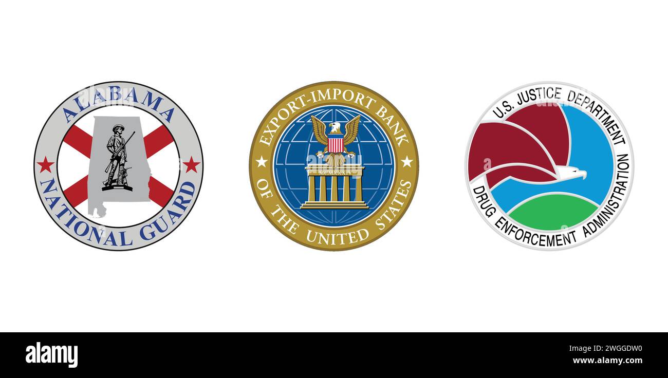 Alabama National Guard, US Drug Enforcement Administration, US Export Import Bank Seal. Editorial brand emblem. Stock Vector