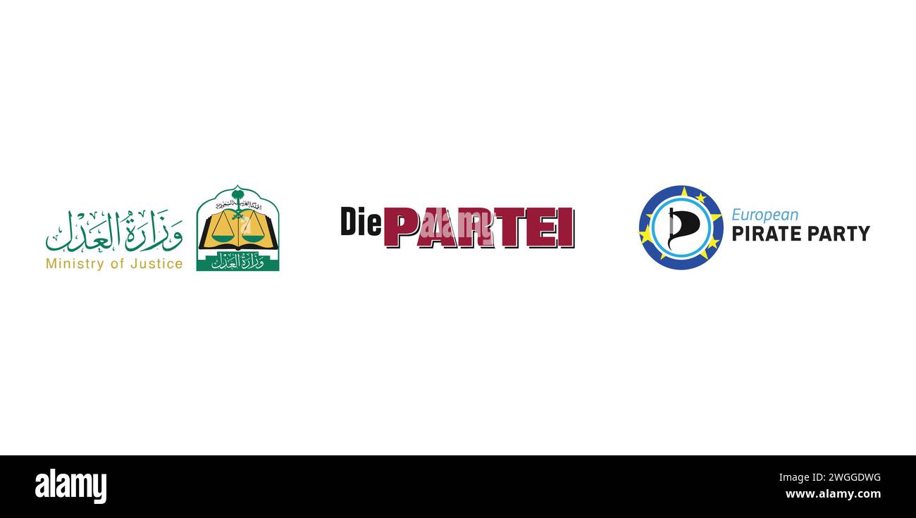 Die PARTEI, Saudi Ministry of Justice, European Pirate Party. Editorial brand emblem. Stock Vector