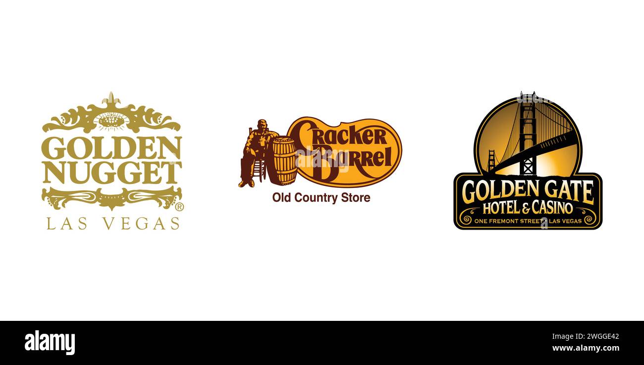 Golden Gate Hotel and Casino, Cracker Barrel, Golden Nugget Las Vegas. Editorial brand emblem. Stock Vector