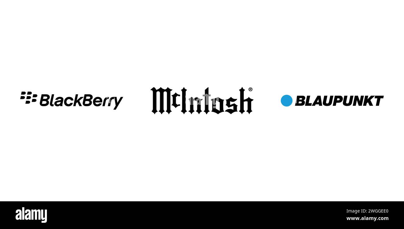 Blaupunkt, Blackberry, McIntosh. Editorial brand emblem. Stock Vector