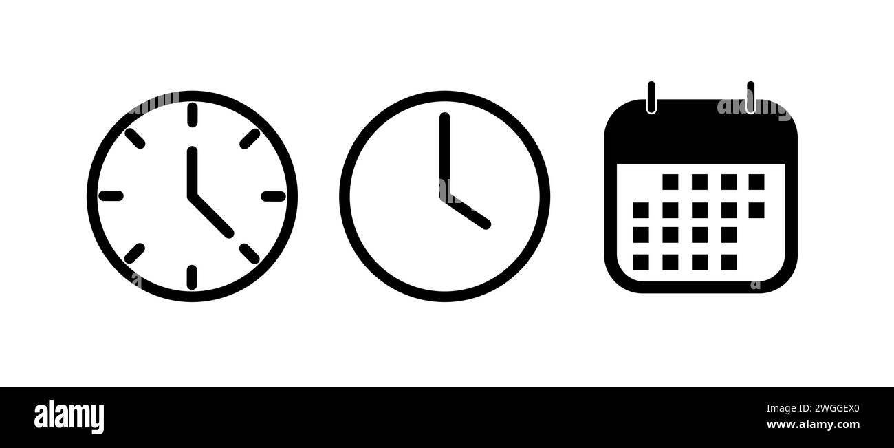 time, and date icon vector. Event elements isolated on transparent background. Black white