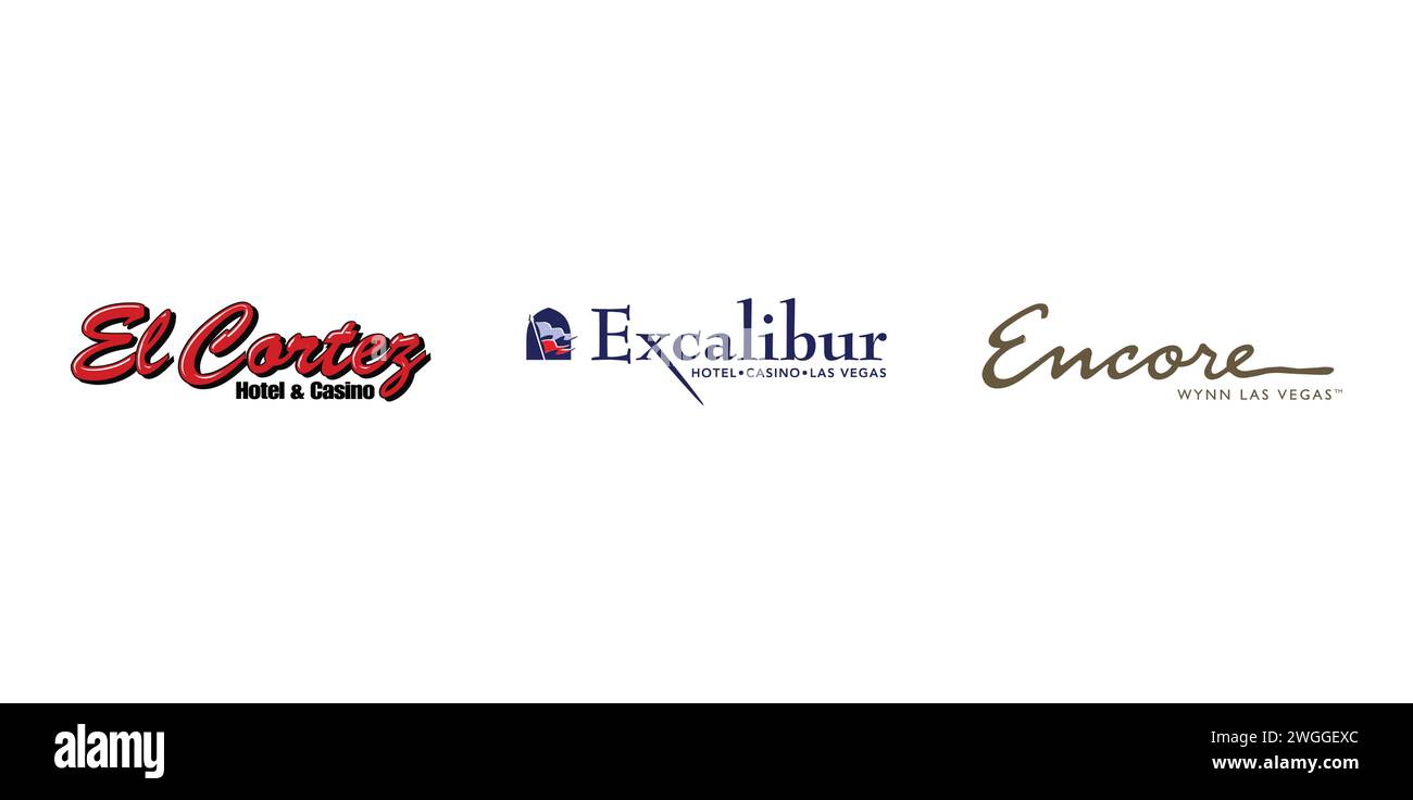 El Cortez Hotel and Casino, Encore Las Vegas, Excalibur. Editorial brand emblem. Stock Vector