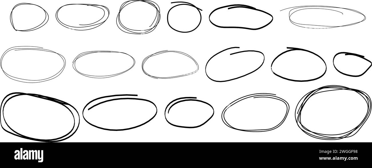 Handdrawn doodle grunge circle highlights. Round scrawl frames. Charcoal pen round ovals. Vector illustration Stock Vector