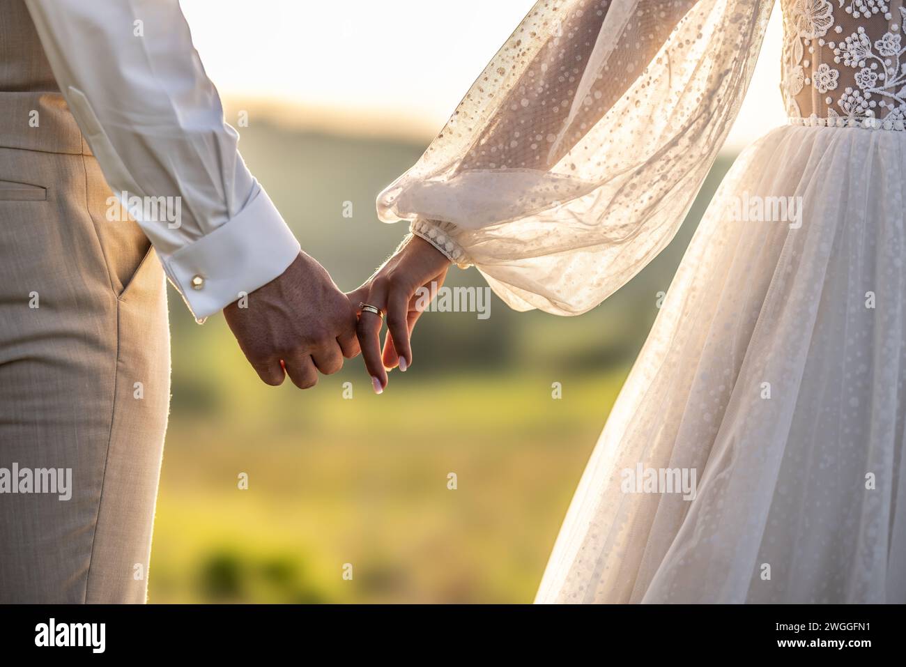 Happy newlyweds walk hand in hand towards their new happy life at sunset. Stock Photo