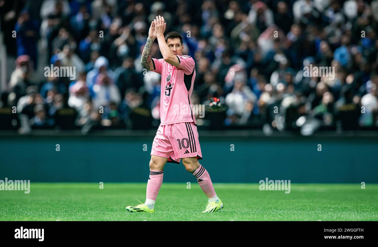 Lionel Messi #10 of Inter Miami FC waves to the crowd while he walks out the pitch during the Riyadh Season Cup match between Al-Hilal SFC and Inter Miami FC at Kingdom Arena on January 29, 2024 in Riyadh, Saudi Arabia. Photo by Saad Ratimi / Power Sport Images Stock Photo