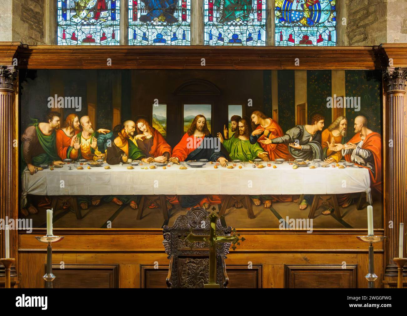 Copy of Da Vinci's Last Supper behind the altar in St Michael and All Angels parish church in Ledbury Herefordshire UK Stock Photo