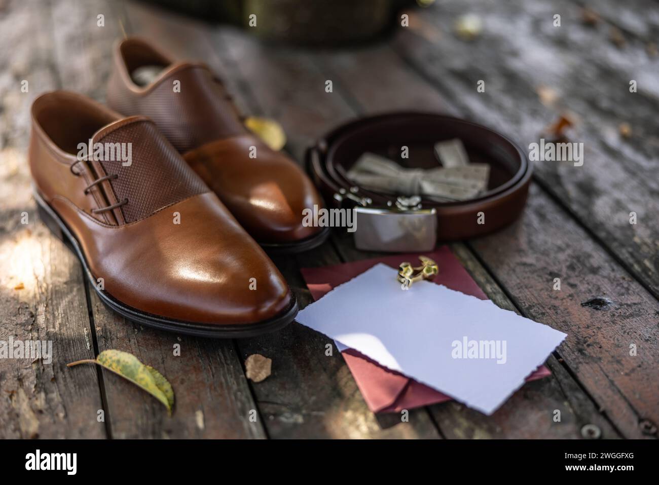 A set of clothes and accessories for the groom. Wedding and festive concept. Stock Photo