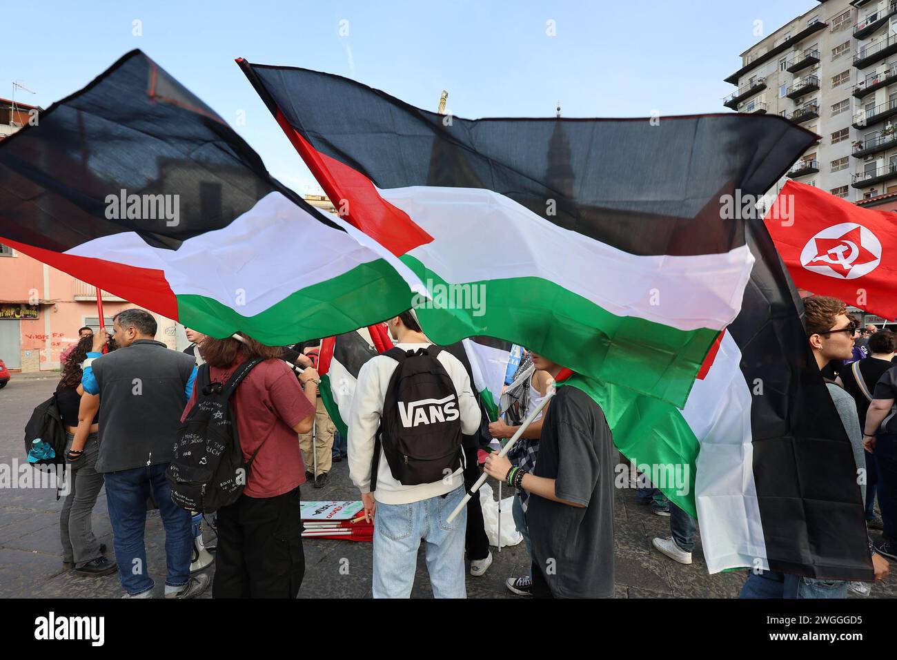 People With Palestinian Flags During The Demonstration In Naples In