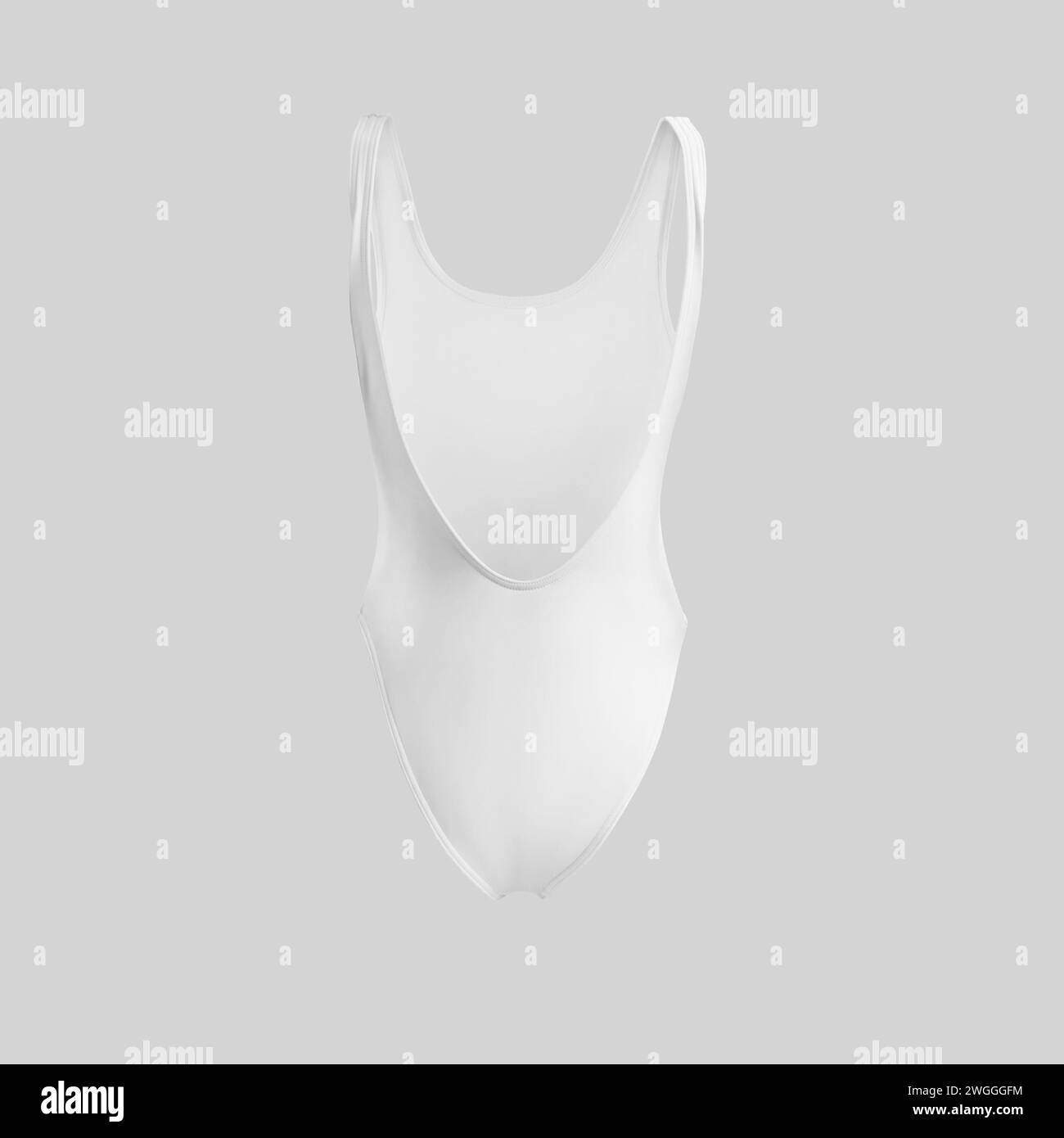 White sports one-piece swimsuit template 3D rendering, women's bodysuit with round deep neckline behind, isolated on background. Mockup of stylish clo Stock Photo