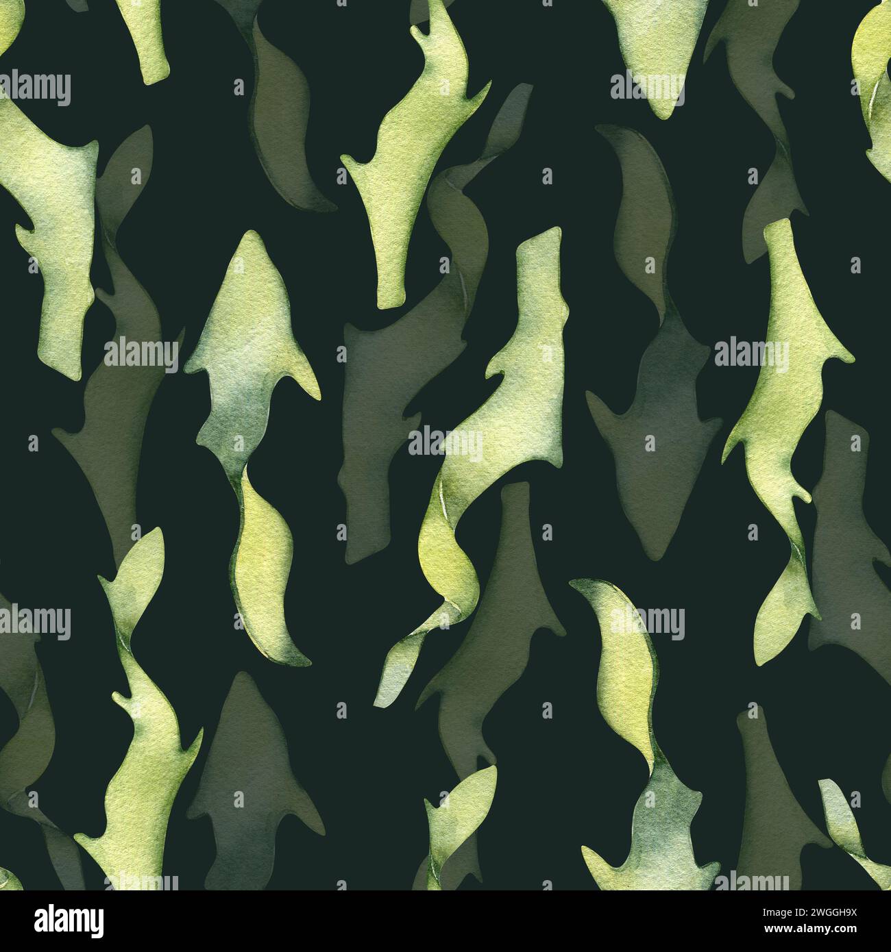 Watercolor seamless pattern of colorful laminaria illustration isolated on dark. Kelp, seaweeds hand drawn. Painted algae. Design for background, text Stock Photo