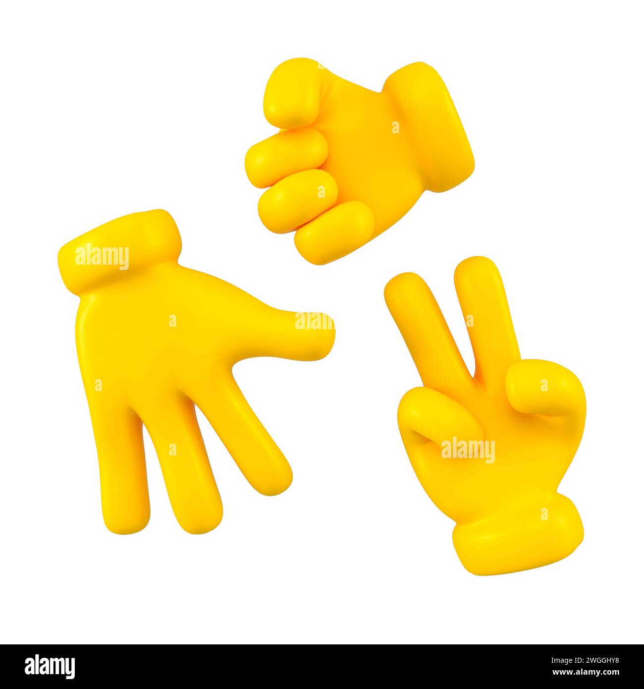 Yellow emoji hands play rock paper scissors game isolated. Showing of gestures symbol , icon and sign concept. 3d rendering. Stock Photo