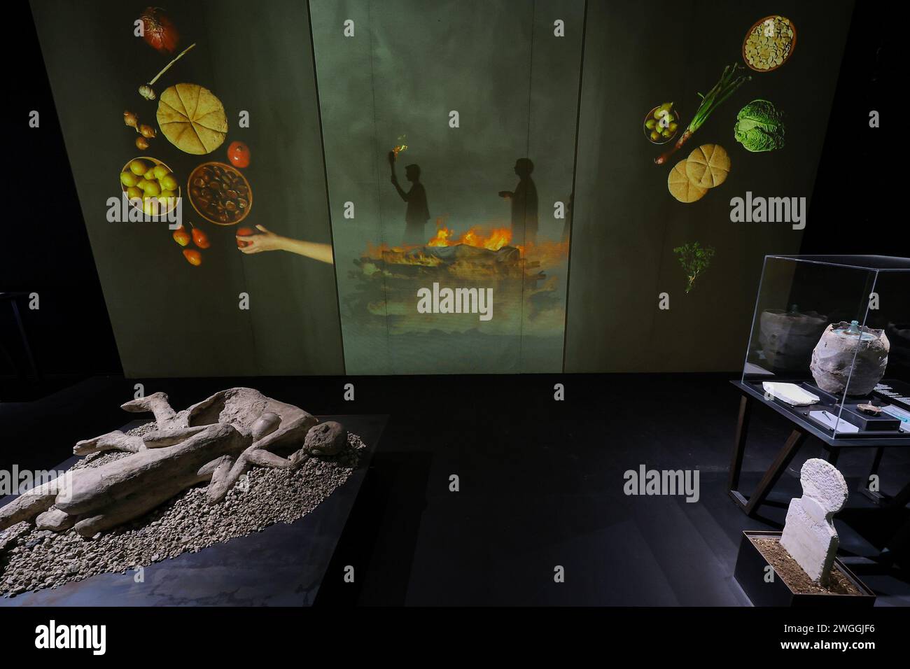A view of an installation with an animated projection, in the exhibition The Other Pompeii, inside the archaeological excavations of Pompeii, during t Stock Photo