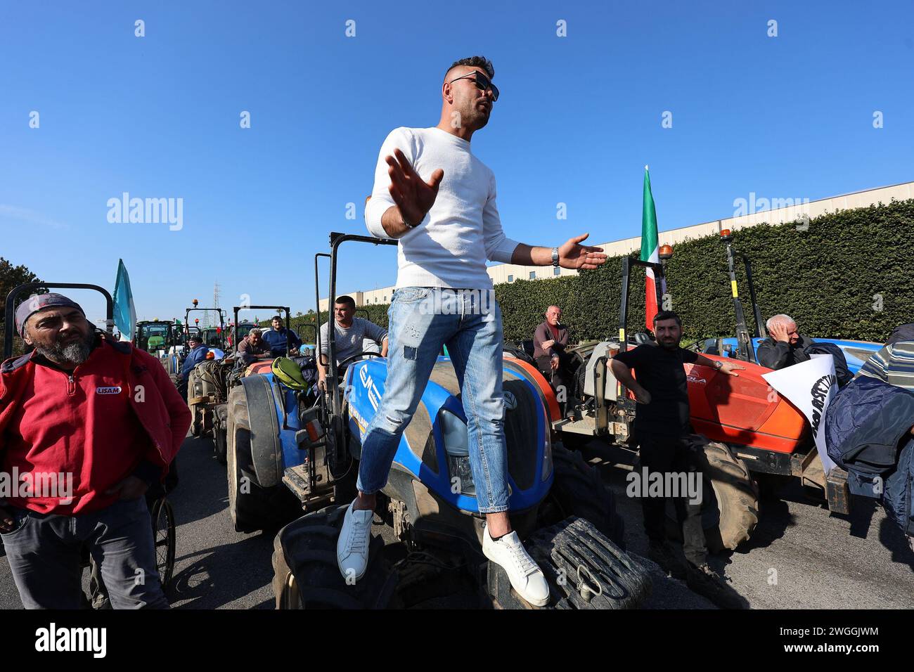 A farmer on his tractor during the demonstration to protest against the 'Green Deal' initiatives, approved by the European Commission. Stock Photo