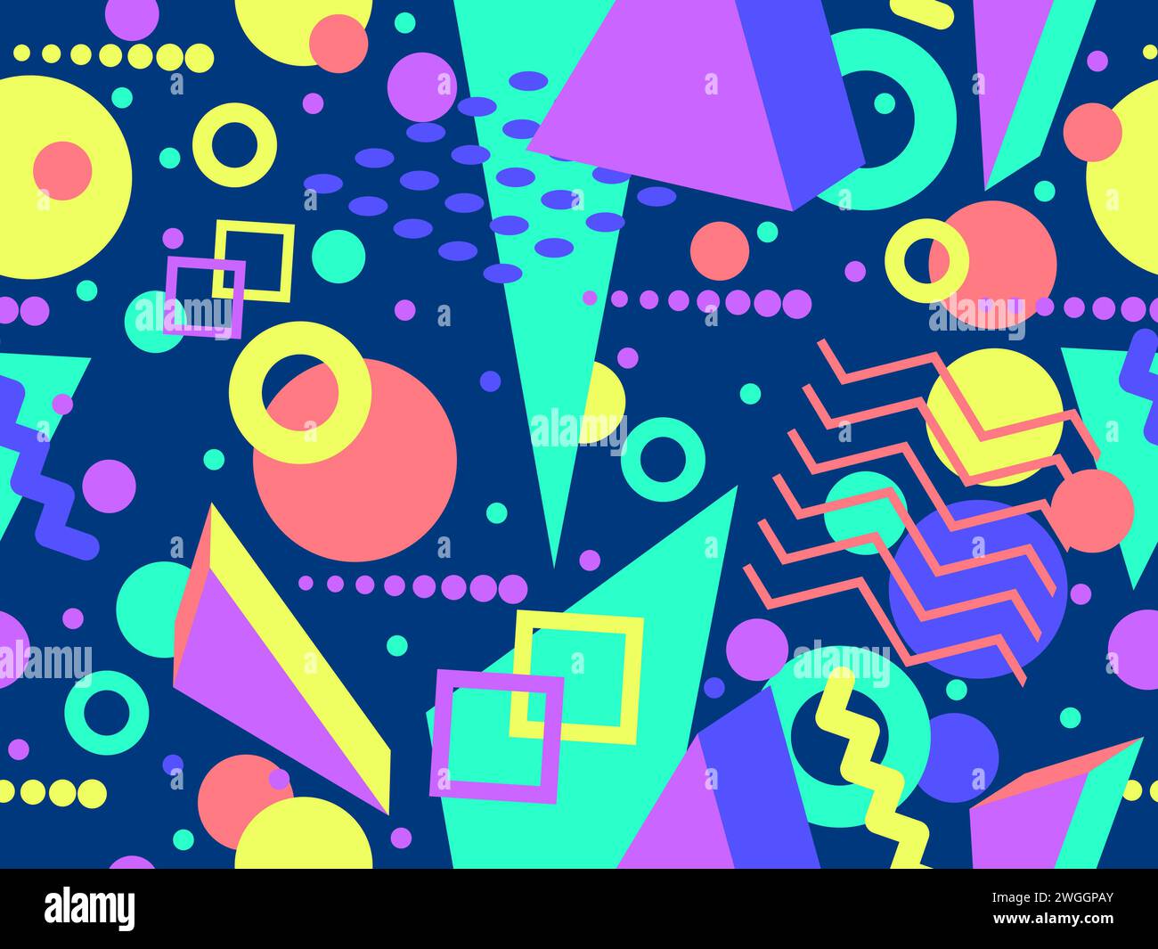 Memphis seamless pattern with geometric shapes in 80s and 90s style. Geometric shapes of different shapes and colors. Design of promotional products, Stock Vector