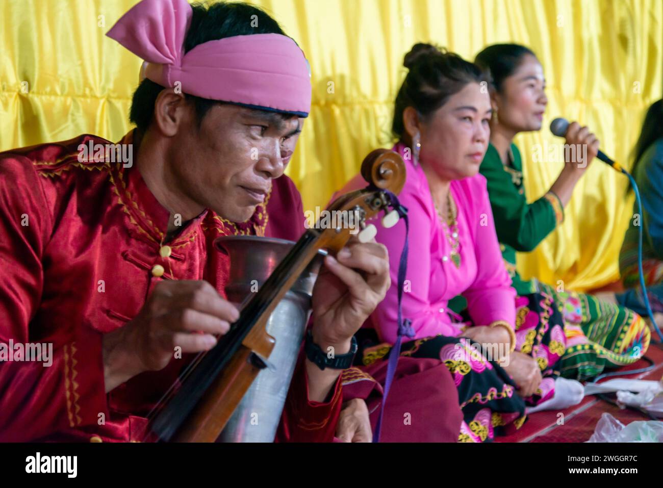 Pai,Thailand-April 04 2023: Local performers play instruments traditionally used for centuries in South east Asia,at a display of ancient culture of n Stock Photo