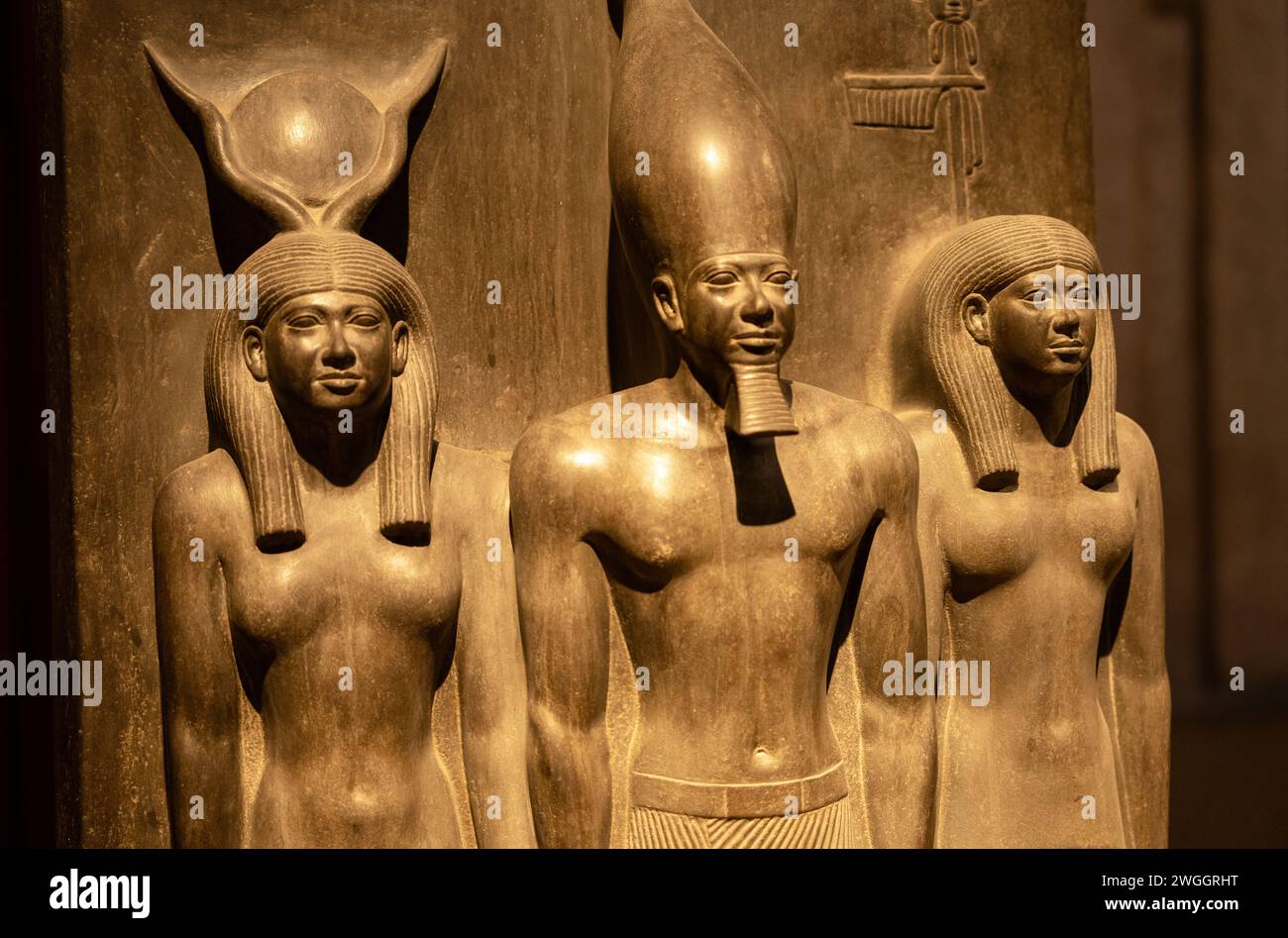 Statue of King Menkaure, the goddess Hathor and the Bat Stock Photo