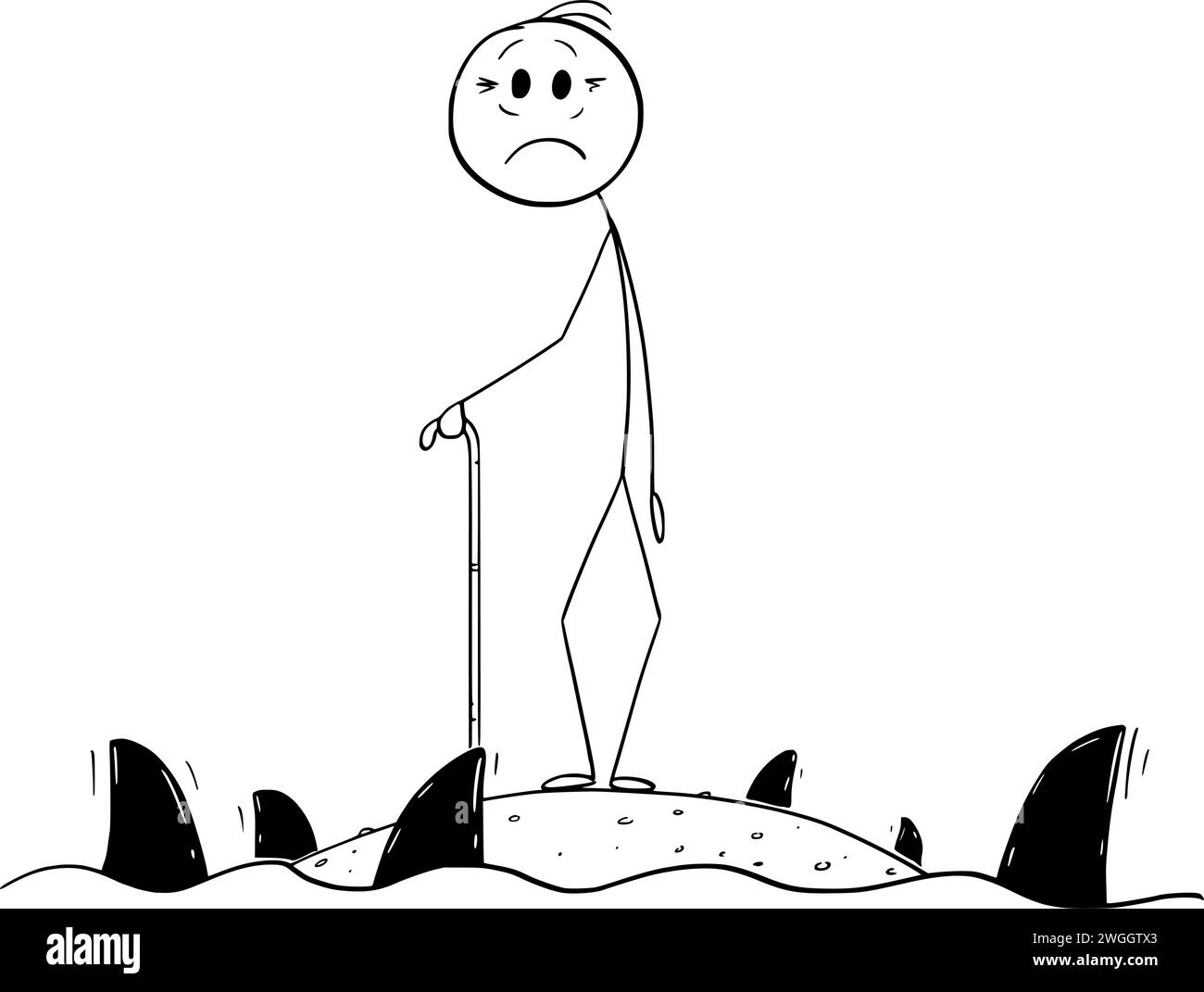 Old Person Alone On Island Divided By Sea Of Sharks Vector Cartoon old-person-alone-on-island-divided-by-sea-of-sharks-vector-cartoon