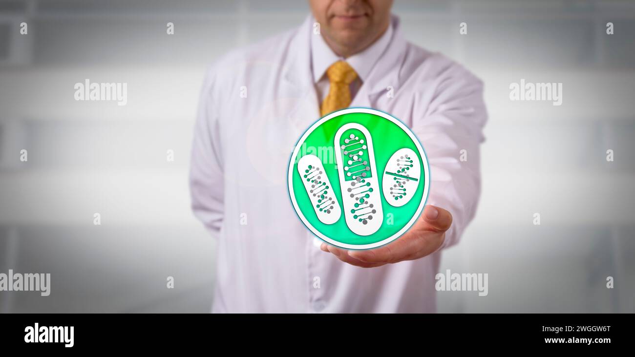Unrecognizable clinician offering drugs based on DNA profiling. Healthcare and pharma industry concept for predictive prescribing, evaluating optimal Stock Photo