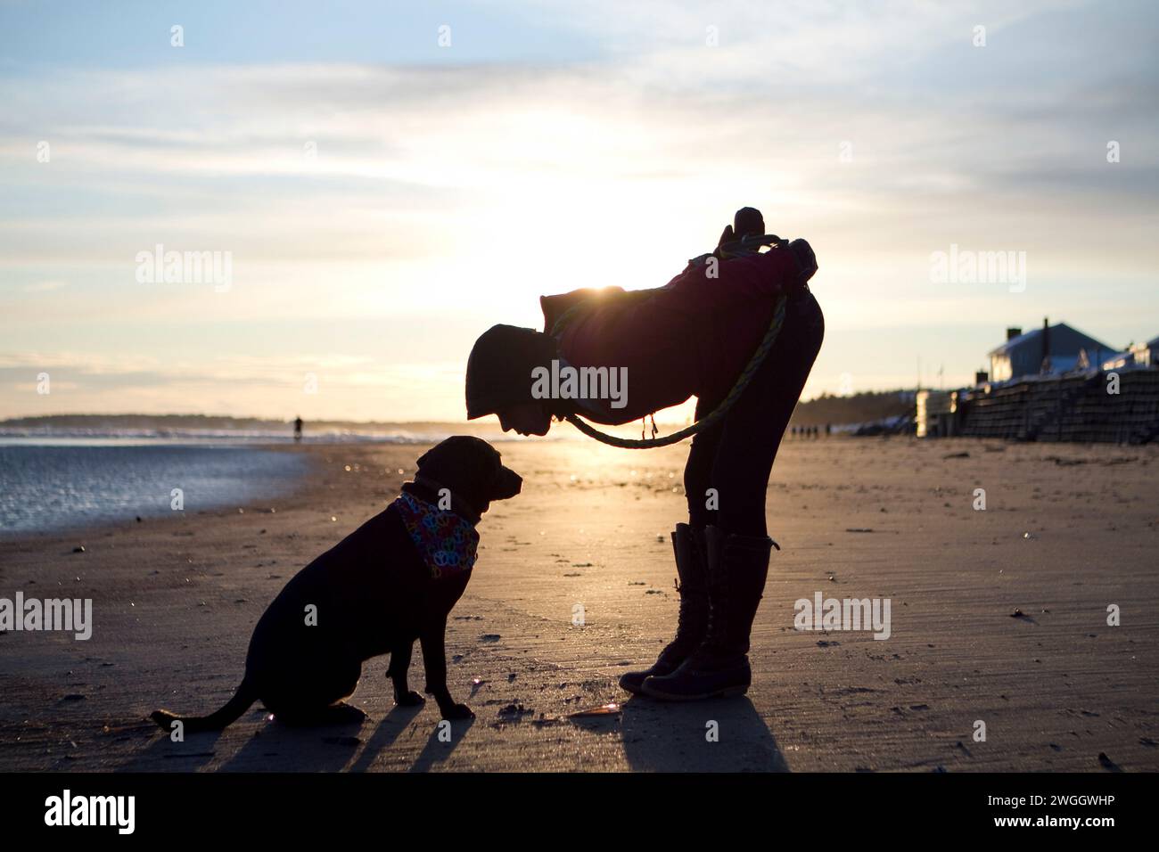 A woman leans down to kiss her dog at Higgins Beach, Scarborough, Maine. (silhouette) Stock Photo
