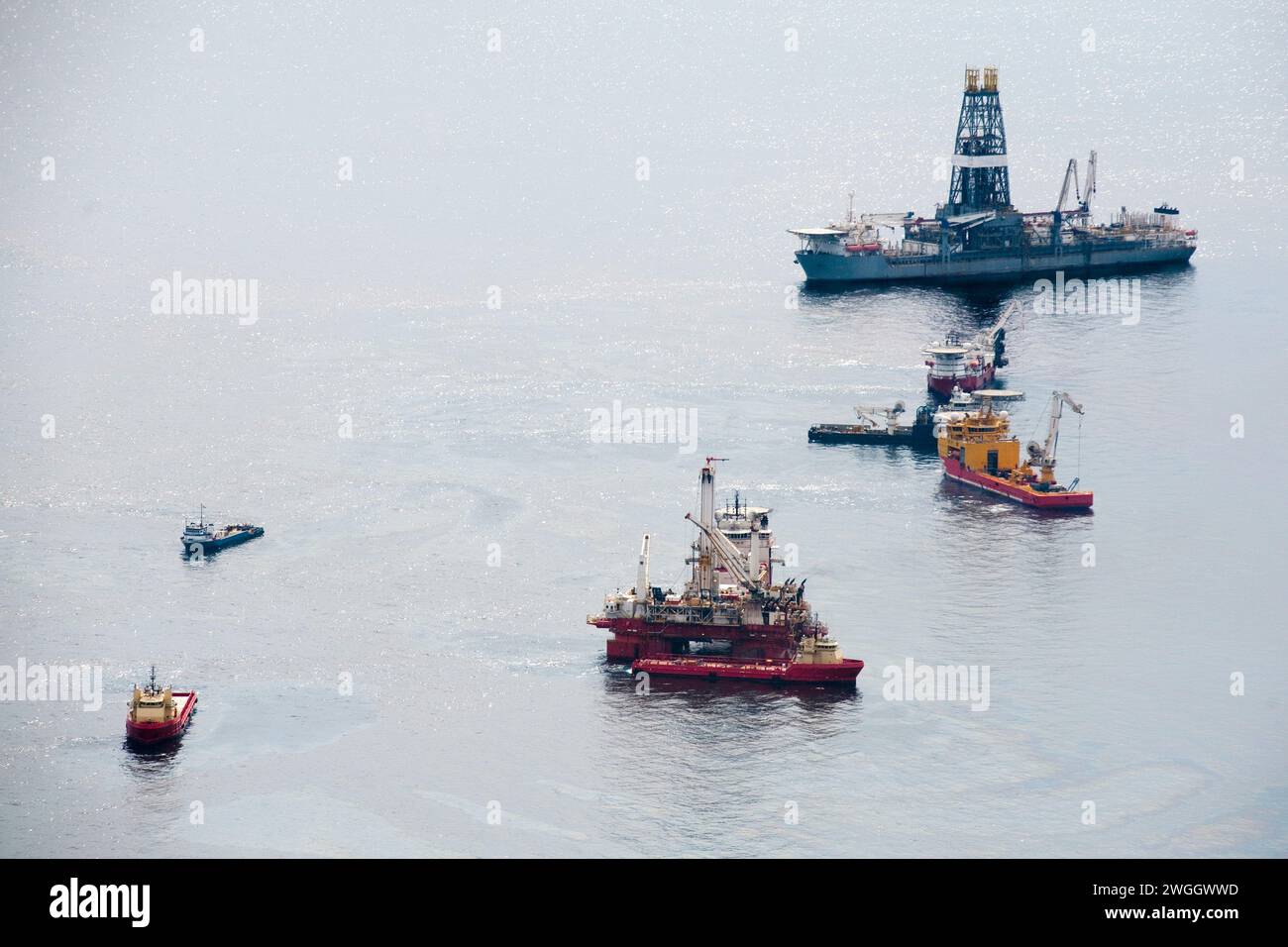 Drilling platforms near site of Deepwater Horizon Oil Spill in June 2010, Grand Isle, Louisiana, USA Stock Photo
