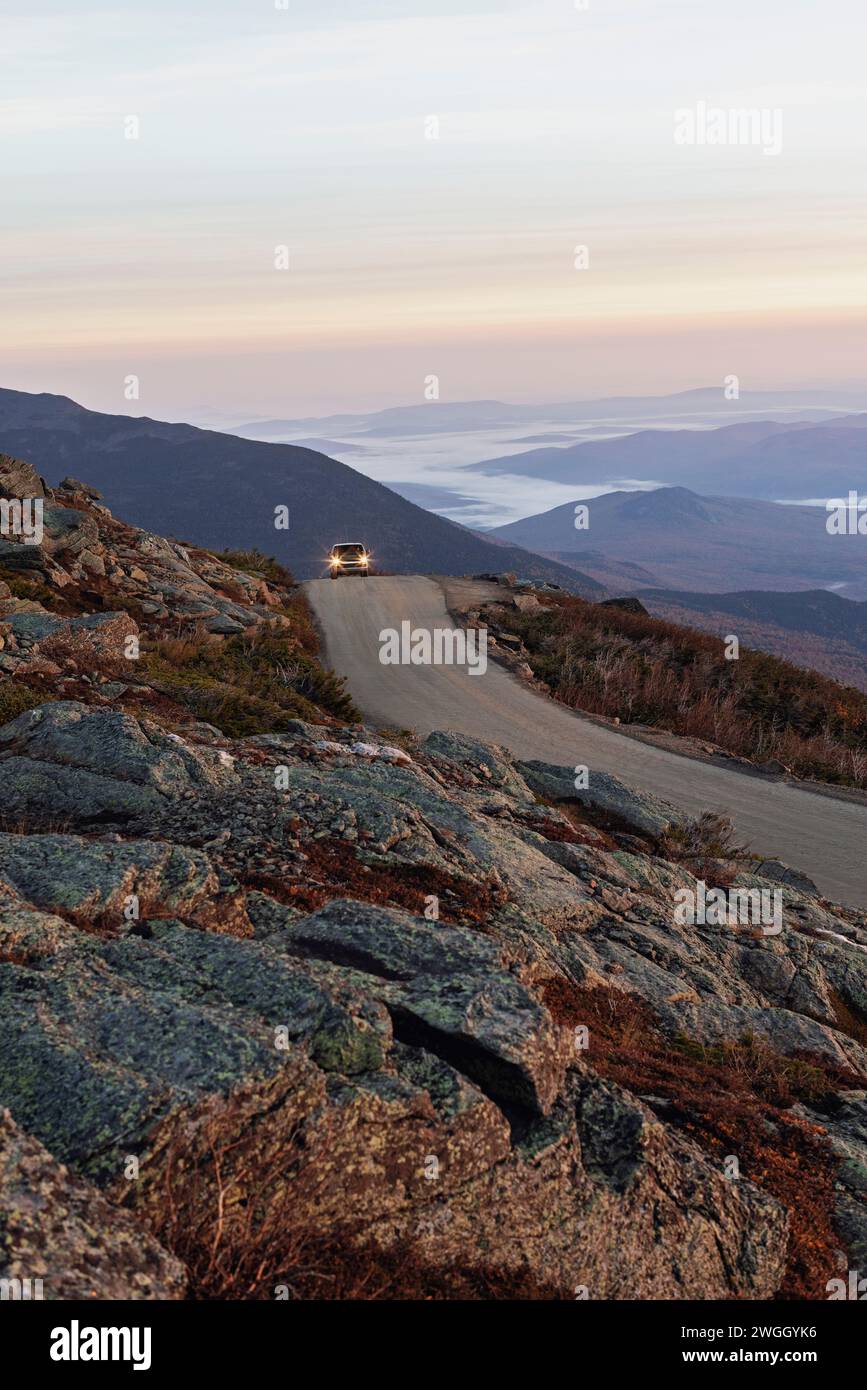 Auto drives up Mount Washington in fall, White Mountains New Hampshire