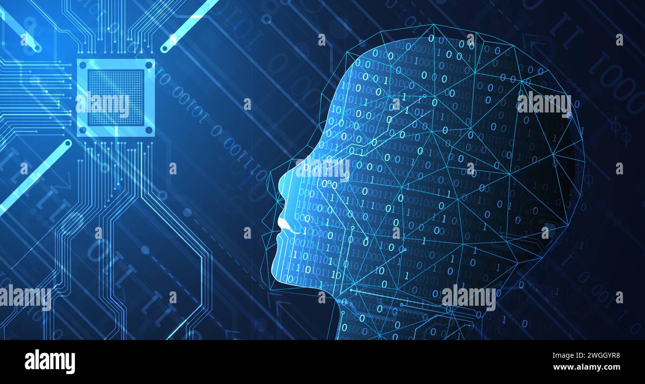 Artificial Intelligence. Technical background with a silhouette of a man. Big data concept. Machine cyber mind. Stock Vector