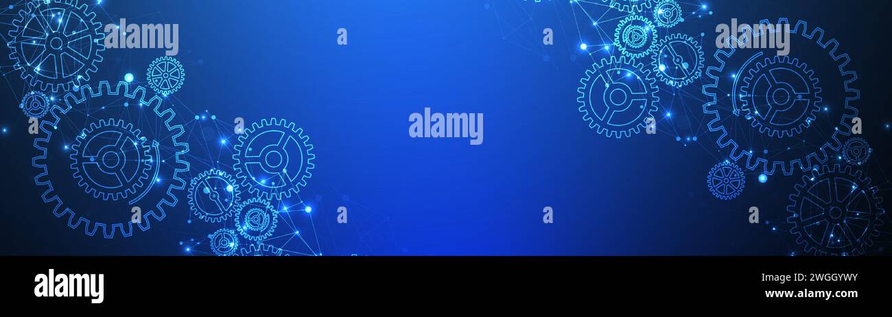 Abstract blue technological background  with cogwheels and plexus effect. Vector Stock Vector