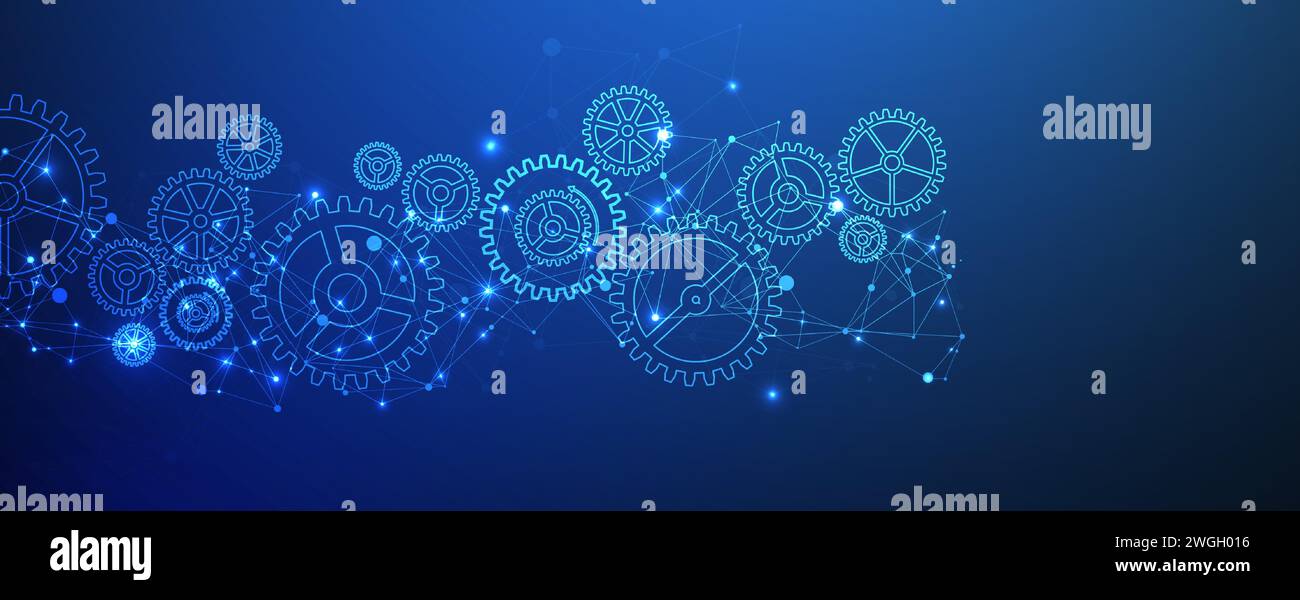 Abstract blue technological background  with cogwheels and plexus effect. Vector Stock Vector