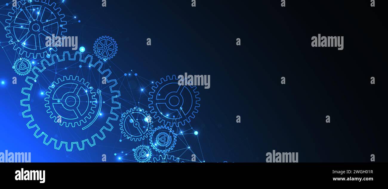 Abstract blue technological background  with cogwheels and plexus effect. Vector Stock Vector